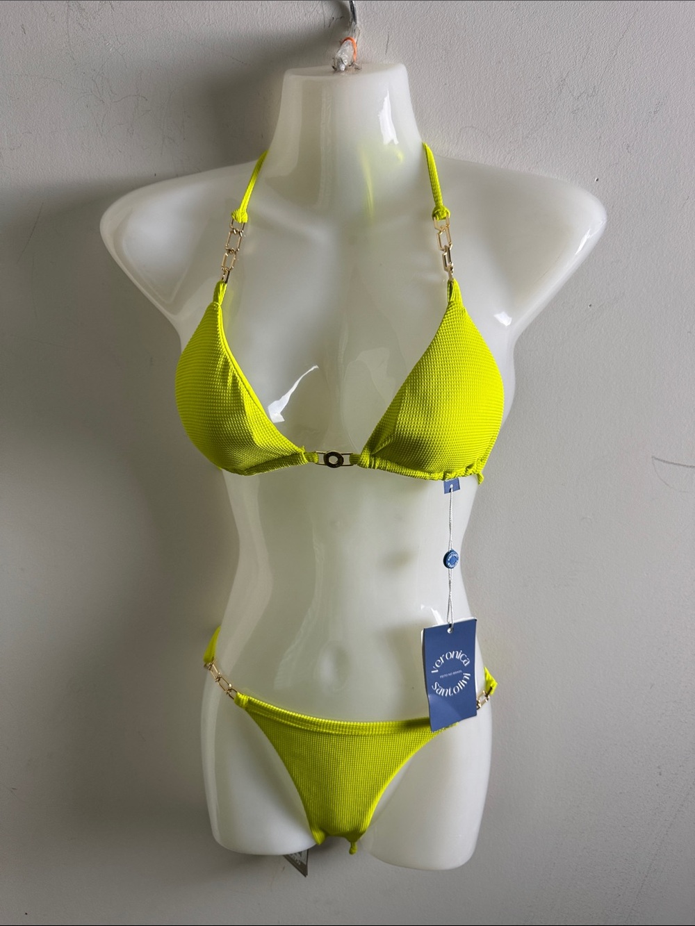 Neon Yellow Triangle Bikini Set with Gold Ring Details